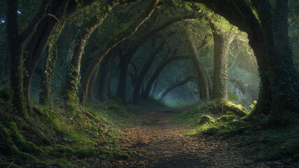Mystical forest path lit by sunlight through canopy trees in a tranquil woodland