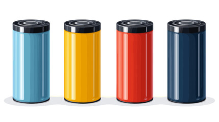 Four Pixel Art Batteries in Blue Yellow Red and Navy on White Background Representing Energy Power and Electrical Devices