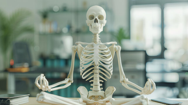 Skeleton yoga mediation pose. Skeleton yoga fitness, wellness exercise. Skeleton fitness yoga trainer 