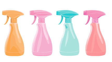 Four Pixel Art Spray Bottles in Pastel Colors Orange Pink and Turquoise Cleaning Supplies in a Row on White Background
