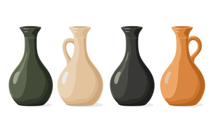 Four Pixelated Ceramic Vases with Handles in Green Beige Black and Orange Retro Style Isolated on White Background