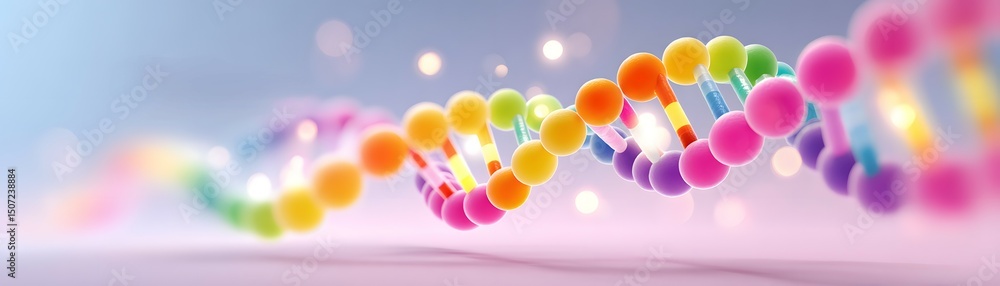 Poster a colorful 3d illustration of a dna double helix with glowing particles on a soft gradient backgroun