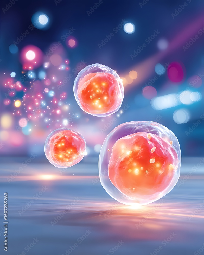 Poster three glowing biological cells float in a vibrant, abstract environment with bokeh lights and soft b