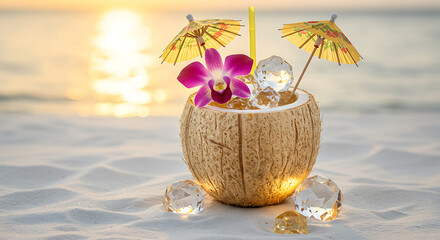 Sunset Beach Coconut Cocktail Tropical Drink on Sandy Shore