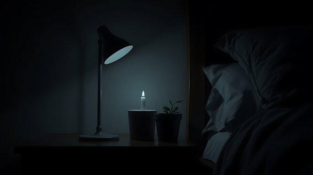 Cozy bedroom image showing a nightstand next to a bed.