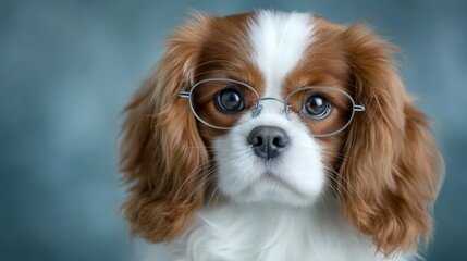 Smart Cavalier King Charles Spaniel Dog Wearing Glasses  Creative Pet Concept