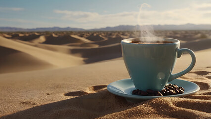 A cup of hot, freshly brewed coffee sits on the sand in the desert