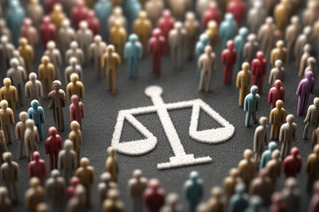 Obraz premium A large crowd assembled to express their support for justice, equality, and rights, gathering around a prominent symbol of scales that represents balance and fairness in society