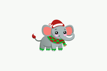 A cute elephant wearing santa clauses hat and scarf
