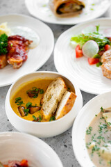 A variety of fresh and appetizing dishes on white plates, including creamy soup with herbs, meat with sauce, and a colorful salad with radishes and tomatoes, presented on a table