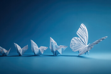 A series of origami butterflies, ranging from simple to complex designs, transition toward a fully formed butterfly on a smooth blue surface, symbolizing growth and transformation