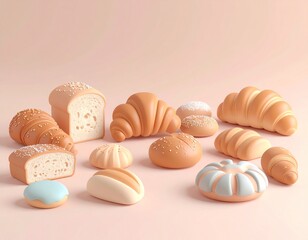 Obraz premium Clay-Style 3D Bread Set in Pastel Colors