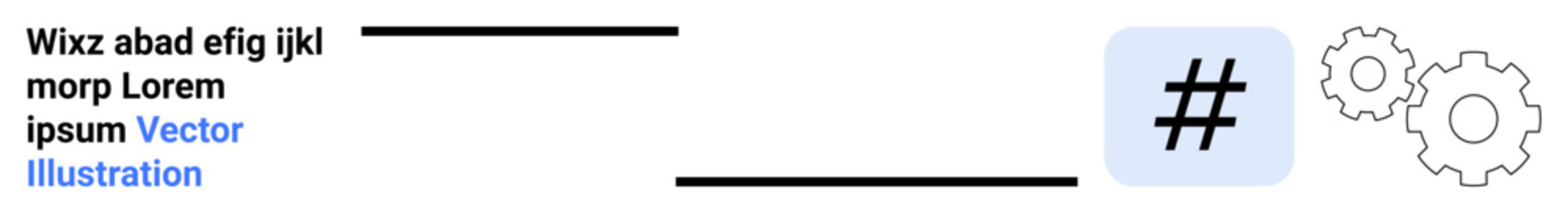 metadata tag symbol beside text lines and cogwheel icons. Ideal for technology, SEO, automation, social media, branding, workflow, and teamwork visuals. Simple landing page