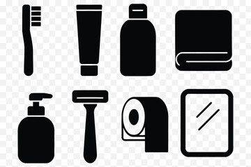  Bathroom Essentials Icon Set – Solid Black Hygiene and Grooming Vector Pack