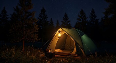 Illuminated Camping Tent at Night in Forest with Lanterns Stars Visible