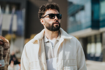 A stylish man with sunglasses and a beige jacket stands confidently outdoors in a modern...
