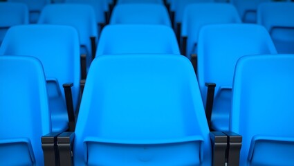 Fototapeta premium Rows of vibrant blue stadium seats await spectators, a scene of anticipation and potential excitement before a thrilling event unfolds.
