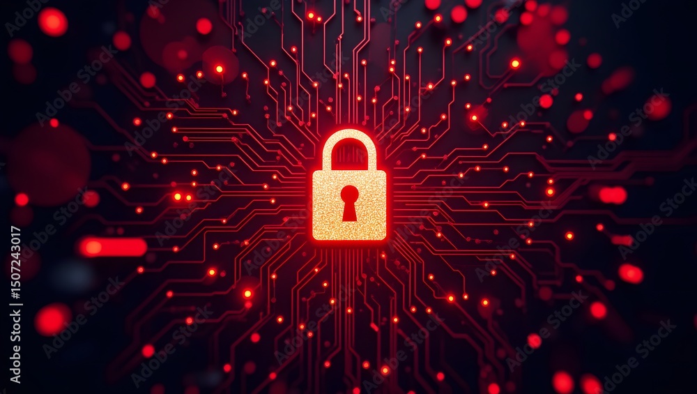 Poster digital fortress a glowing padlock secures a network of intricate red circuits, symbolizing robust o