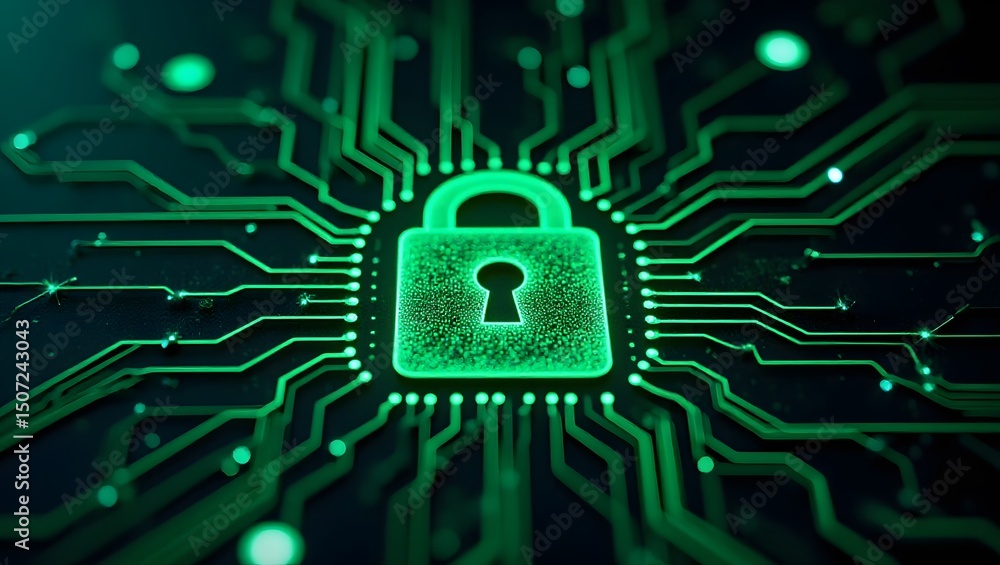 Poster cybersecurity shield a glowing green digital lock on a circuit board, representing data protection a