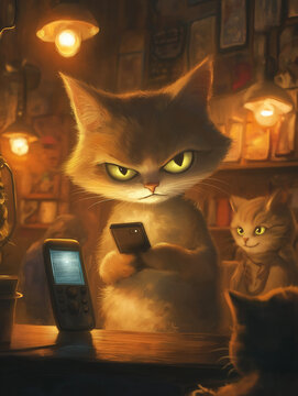 ネコ、イラスト、スマホ