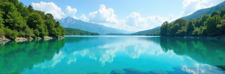 Naklejka premium Crystal-clear teal freshwater lake reflecting vibrant sky, untouched nature, serene calm Perfect for travel, nature, and environmental themes , surface, beautiful, paradise
