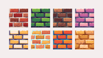 Stone castle bricks pixel art square blocks. Brickwork wall 8 bit platform tiles. Game development, mobile app template. Texture grid vector illustration.