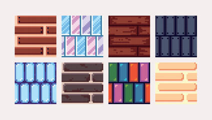 Mosaic pixel art square blocks. Abstract geometric seamless pattern textures 8 bit platform tiles. Game development, mobile app template. Texture grid vector illustration.