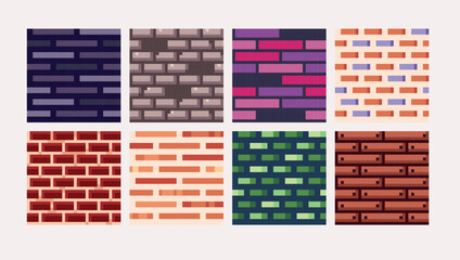 Stone castle bricks pixel art square blocks. Brickwork wall 8 bit platform tiles. Game development, mobile app template. Texture grid vector illustration.