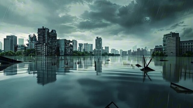 Flood covering city during heavy rainfall with debris and trees floating in water, depicting climate change consequences