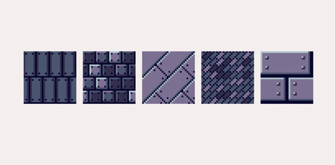 Metallic industrial pixel art square blocks. Iron and steel seamless pattern textures 8 bit platform tiles. Game development, mobile app template. Texture grid vector illustration.