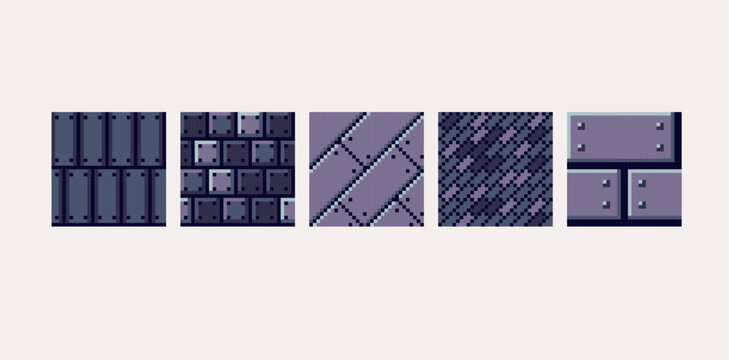 Metallic industrial pixel art square blocks. Iron and steel seamless pattern textures 8 bit platform tiles. Game development, mobile app template. Texture grid vector illustration.