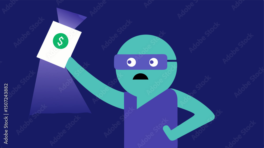 Poster checking authenticity a character holding a counterfeit bill up to a uv light with a worried express