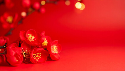 Blooming red flowers on red background. Spring or summer season. Floral artistic concept.