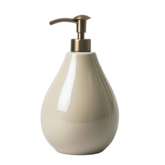 Obraz premium Elegant cream-colored soap dispenser with a sleek design and brass pump for modern bathrooms