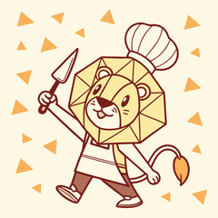 Cute Lion Chef with Spatula and Hat on Cream Background with Triangles