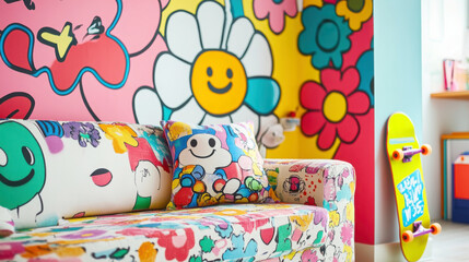 Bright cartoon living room with colorful wall mural and playful decor