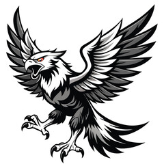 Obraz premium Majestic eagle soaring with spread wings detailed vector graphic illustration black and white.