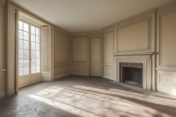 Empty room with fireplace, beige walls, a window on the left side, and wooden shutters closed.
