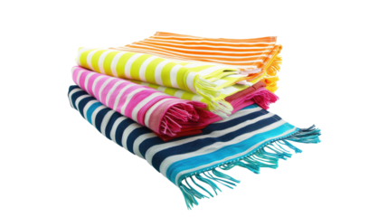Colorful striped towels stacked neatly on a transparent background for summer activities and beach outings