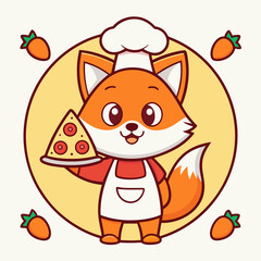 Fototapeta premium Cartoon Fox Chef with Pizza and Carrots on a Yellow Background