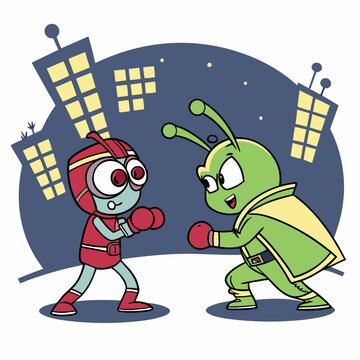 Cartoon Alien Boxing Match in a Cityscape at Night Illustration