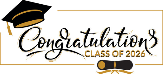  Congratulations Class of 2026 greeting sign. Congrats Graduated. Congratulating banner. Handwritten brush lettering. Isolated vector text for graduation design, poster, invitation, greeting card