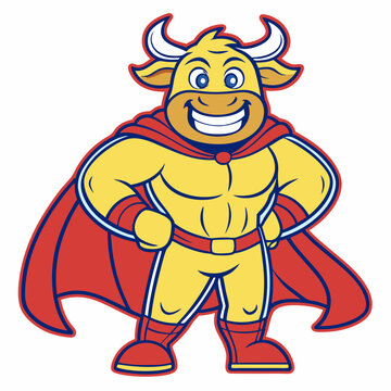 Cartoon Superhero Bull Mascot with Cape and Yellow Costume Illustration