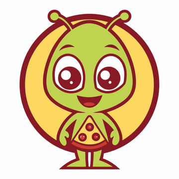 Cute Green Alien Holding a Pizza Slice with a Yellow Halo