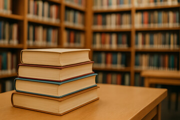 Fototapeta premium Books in the library stacked on a table.