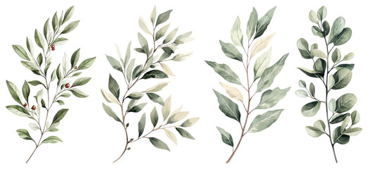 PNG Elegant botanical leaf illustrations, element set on transparent background
