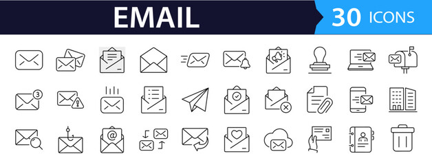 Email Web Icon Set in Line Style. Collection of E-mail and Letter Linear Icons, Including mail, envelope, email, postal, letter sent, inbox, new mail, reply and forward mail and more. Editable Stroke