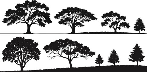 forest tree silhouettes including oak pine and deciduous trees vector pack
