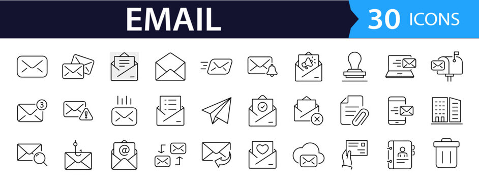 Email Web Icon Set in Line Style. Collection of E-mail and Letter Linear Icons, Including mail, envelope, email, postal, letter sent, inbox, new mail, reply and forward mail and more. Editable Stroke