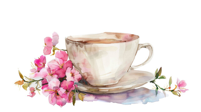 Delicate tea cup surrounded by pink blossoms on a transparent background